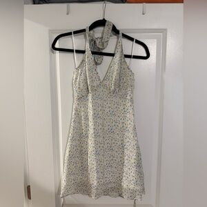 Princess Polly Floral Halter Dress - Cream and Blue